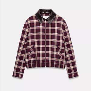Zara faux leather lapel checkered Bomber Jacket in Maroon -large